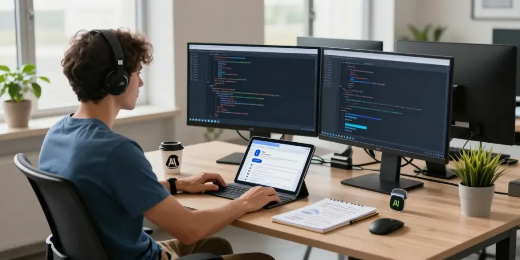 Developer engaging with uncensored AI chat interface at modern desk