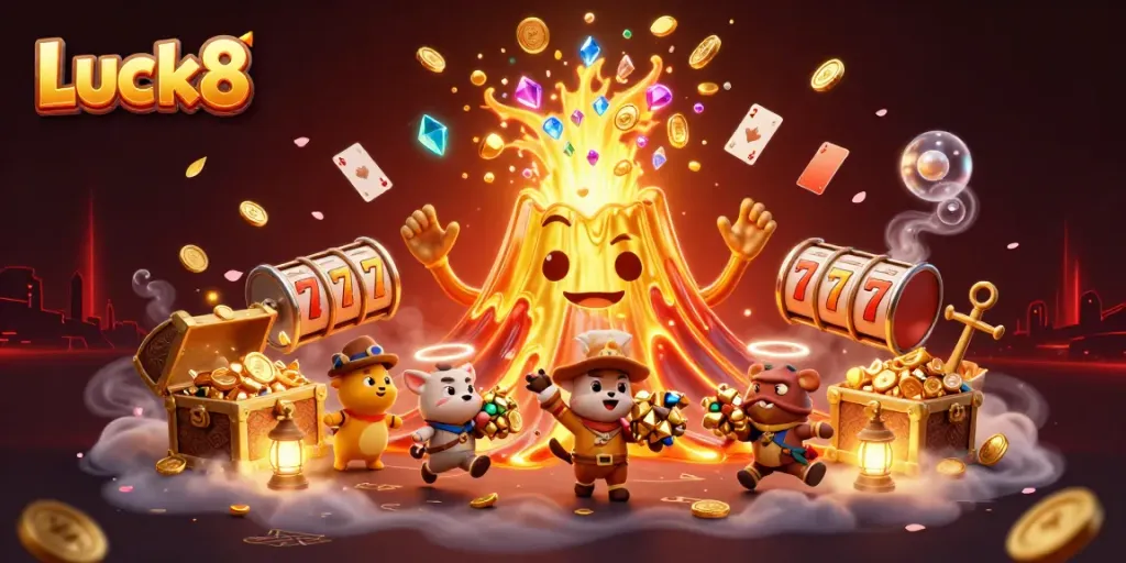 Experience thrilling wins at Luck8 with a dynamic explosion of coins and gems amidst vibrant casino elements.