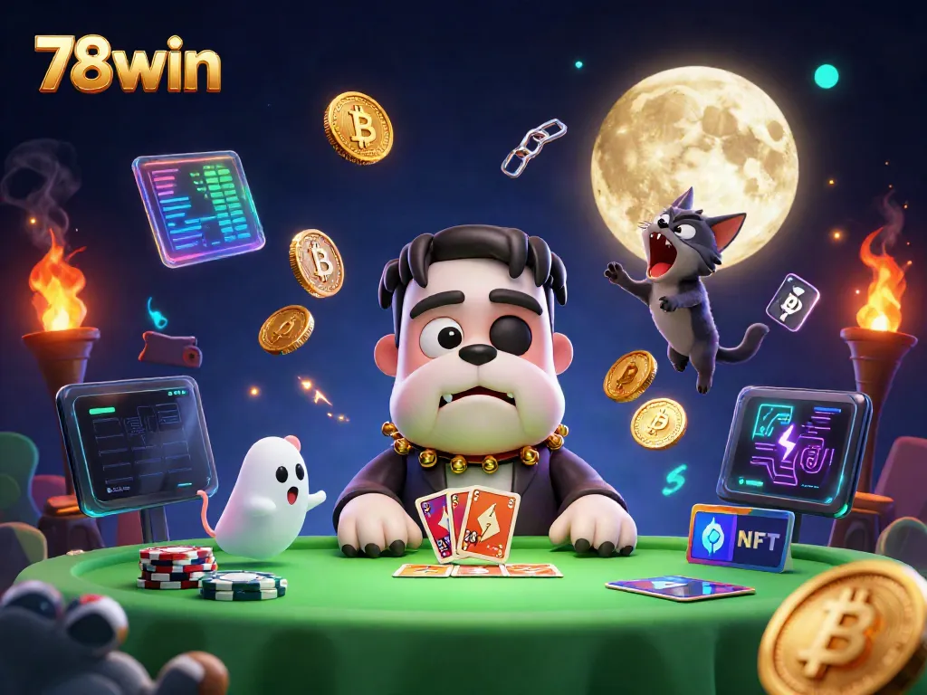 Experience the thrilling world of 78win as a Frankenstein bulldog hosts a spooky casino game night.