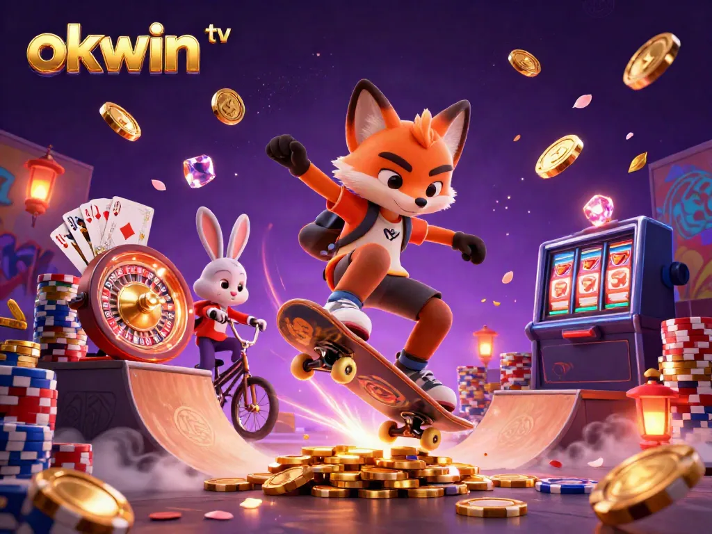 Experience thrilling action with okwin tv as a skateboarder fox and BMX rabbit celebrate gambling victories.