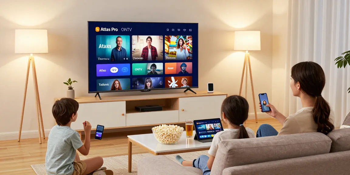 Profitez de la qualité HD de Atlas Pro ONTV avec une famille regardant des films dans un salon moderne