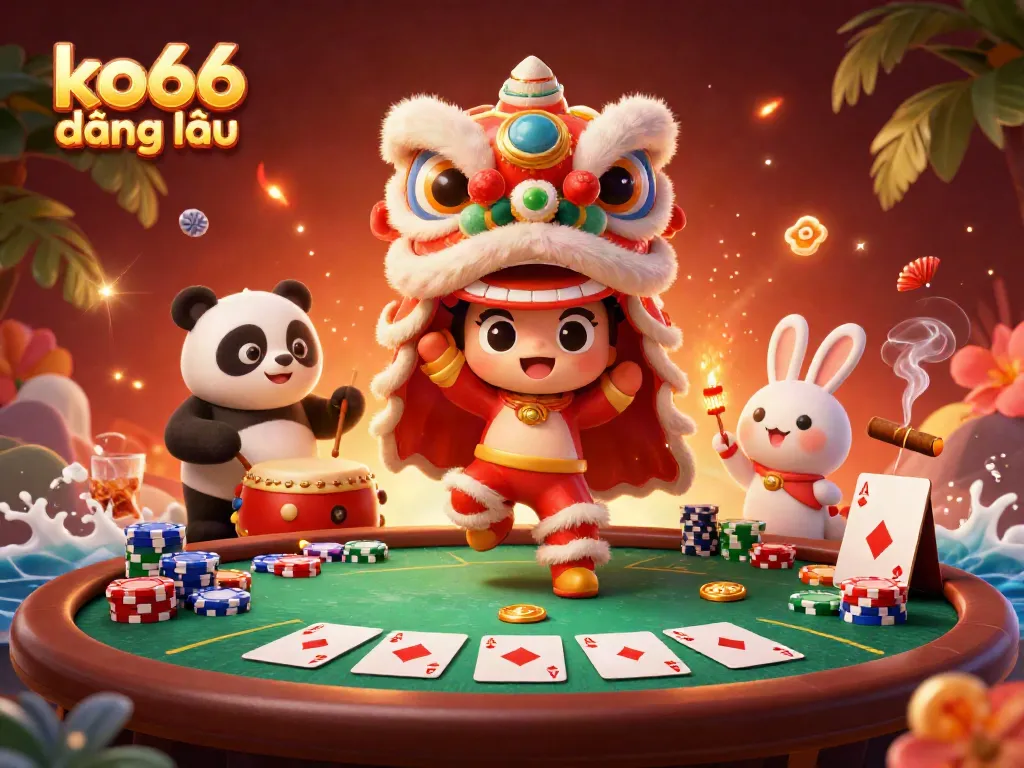 Engage in exciting gameplay at ko66 đăng nhập with a vibrant casino scene featuring a lion dance.