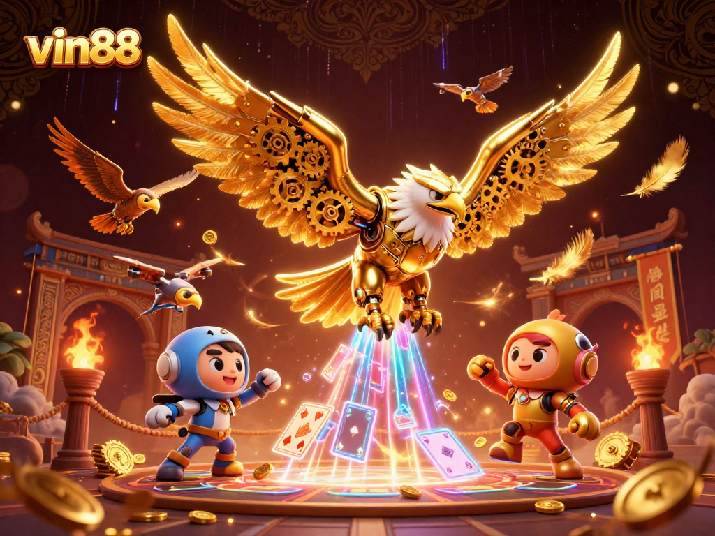 Experience the thrill of vin88 with a golden eagle soaring among holographic cards and treasures.
