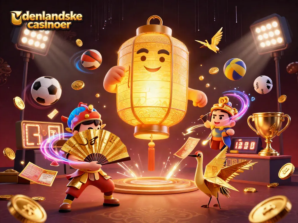 Experience the excitement of udenlandske casinoer with golden lanterns and sports betting elements in a vibrant casino scene.
