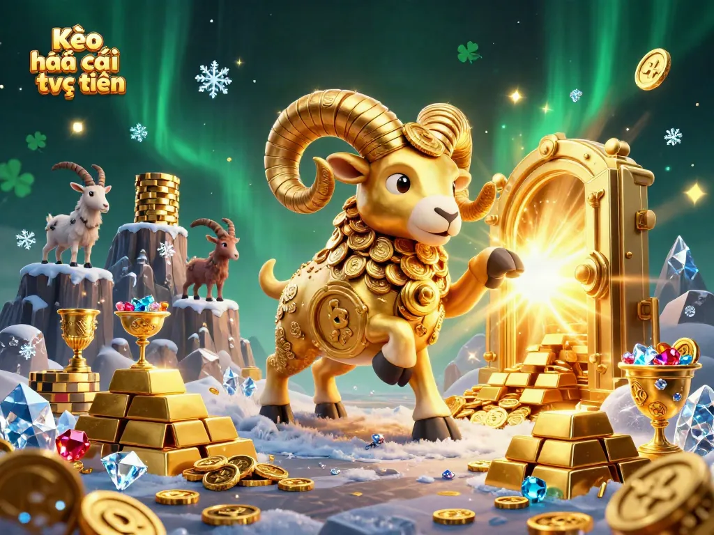 Kèo nhà cái trực tuyến with golden ram breaking through treasures, showcasing action-packed sports betting.