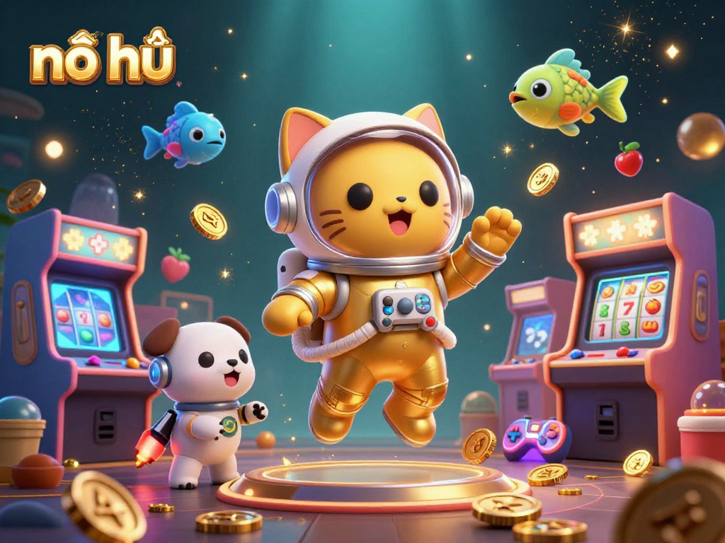 No hũ showcases exciting slot gameplay with a cartoon astronaut cat and colorful 3D game elements.