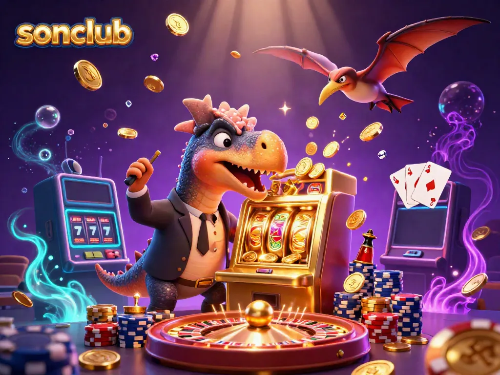 Join the fun at sonclub as a pachycephalosaurus interacts with a winning slot machine, surrounded by sparkling casino elements.