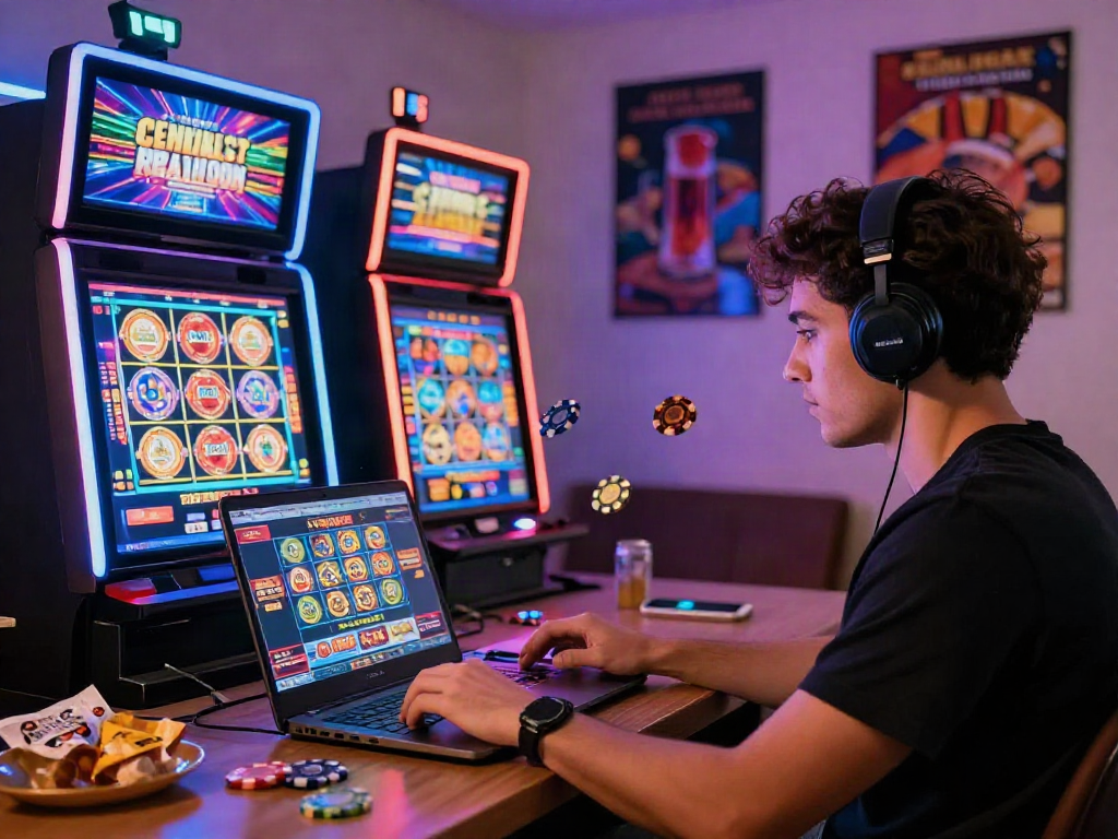 Joueur s'amusant sur un nouveau casino en ligne avec ordinateurs et lumières vives.