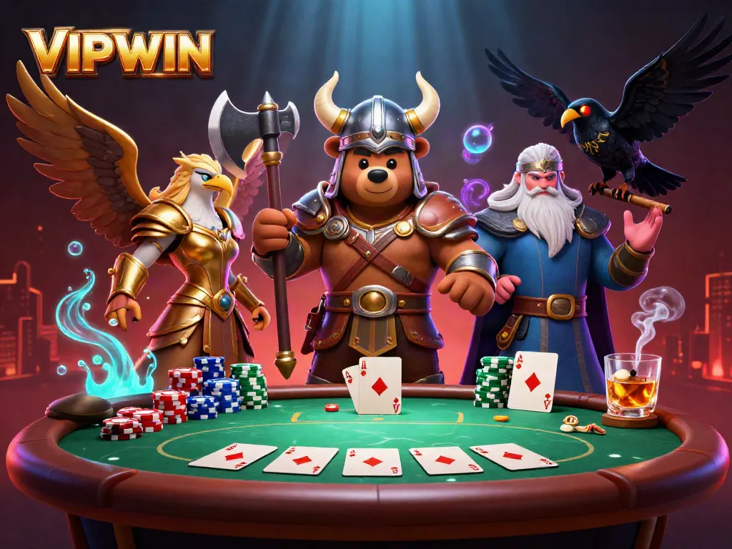 Experience the thrill of VIPWIN with dynamic 3D Viking characters and exciting poker elements.