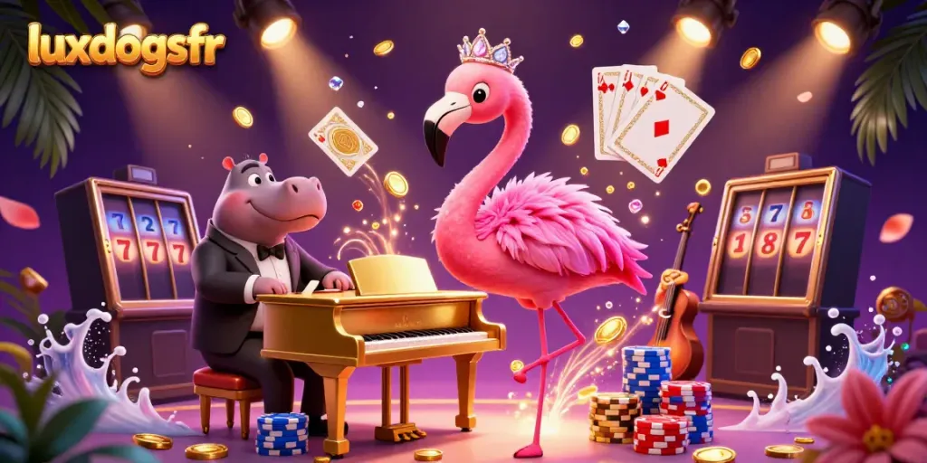 Highlight winning moments with luxdogsfr in this vibrant casino scene featuring lively cartoon characters.