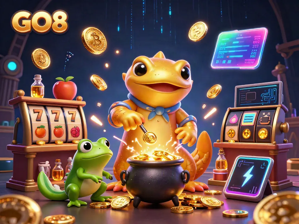 Get ready to win big at GO8 with an enchanting scene featuring an alchemist transforming coins in a digital casino.