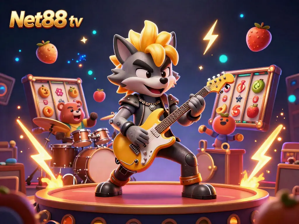 Experience the thrill of Net88 tv with vibrant casino action featuring a wolf rock star and bear drummer.