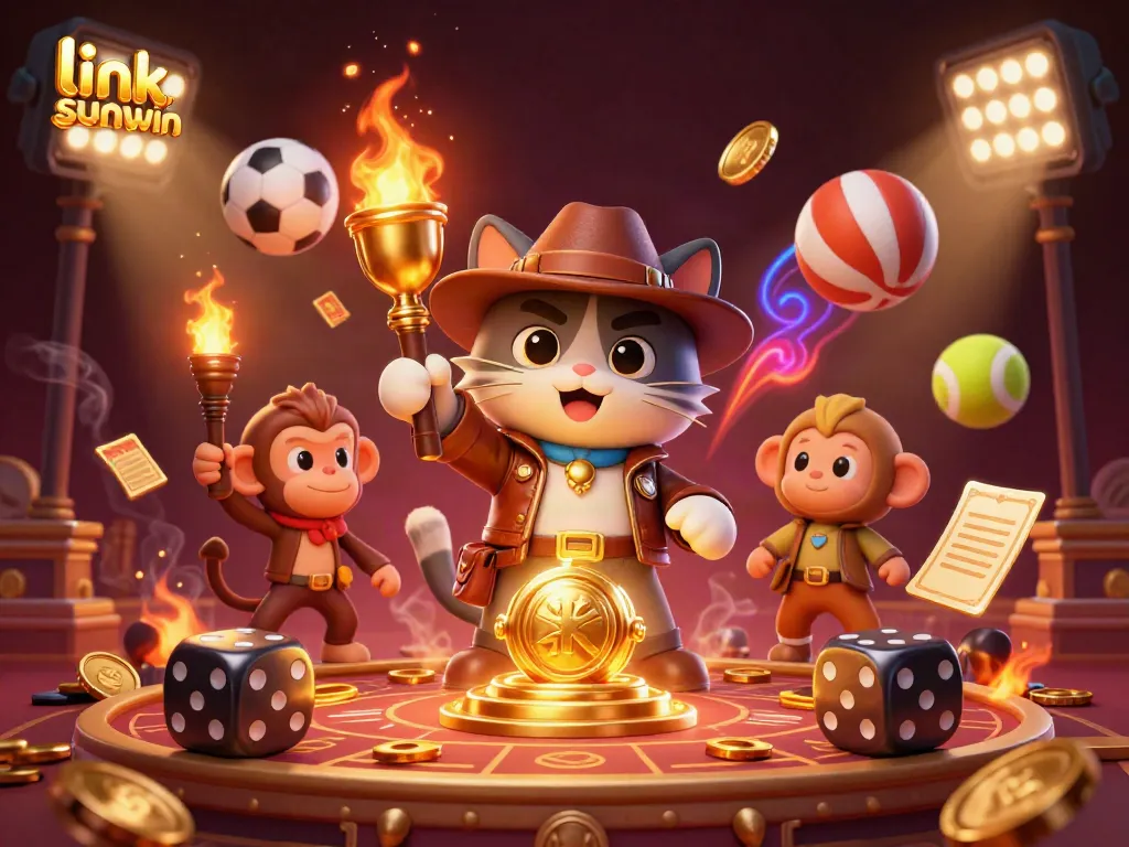 Experience the thrill of link sunwin with a dynamic 3D casino scene featuring an archaeologist cat and treasures.