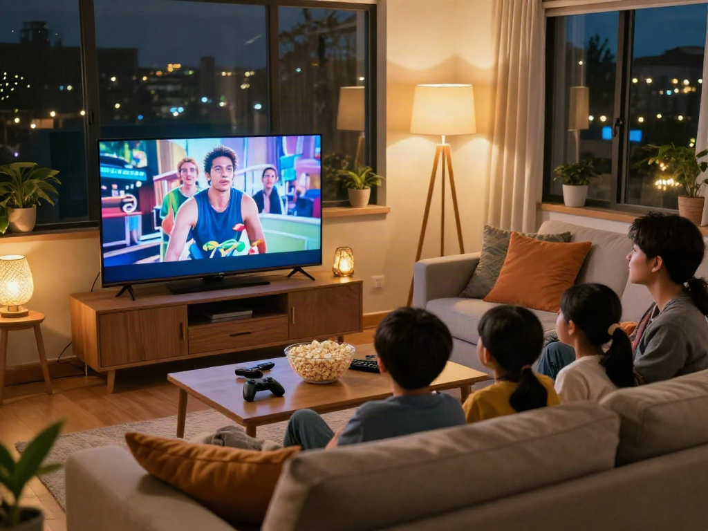Family enjoying movie night together on Iron tv in cozy living room.