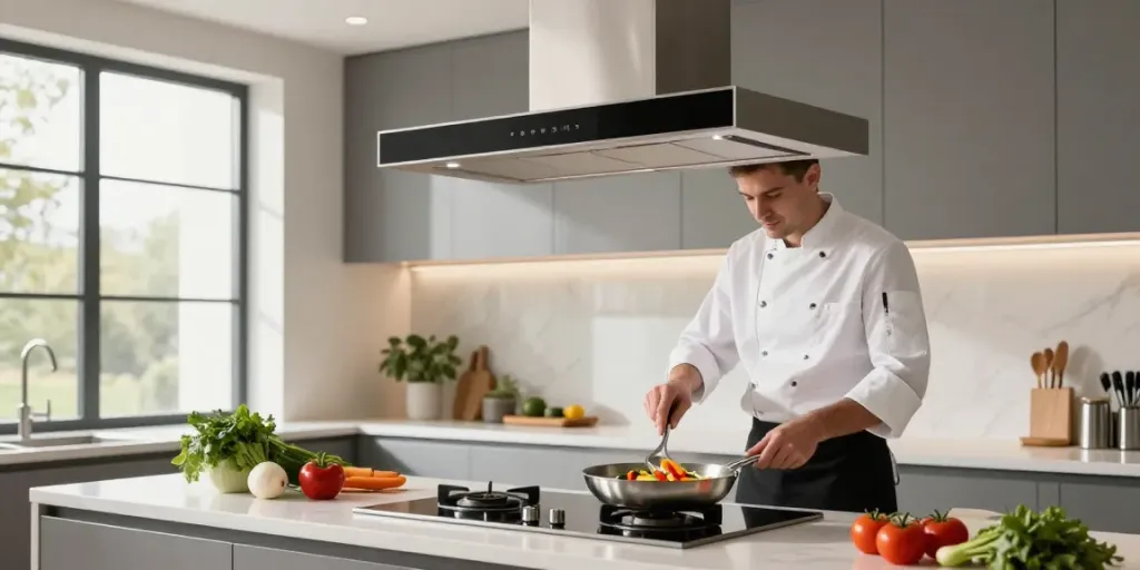 Hotte encastrable 60 cm installée dans une cuisine moderne avec un chef en train de cuisiner.