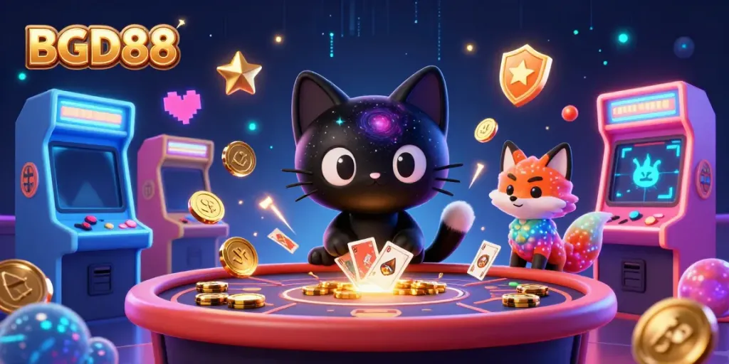 BGD88 cosmic casino themed illustration featuring a black hole cat and colorful fox pulling in chips and cards.