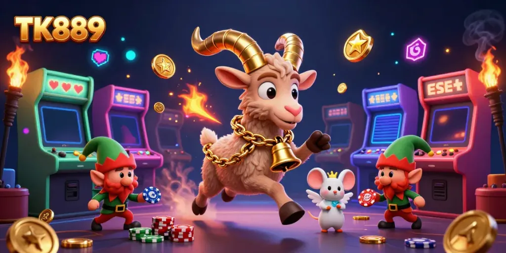 Experience the excitement of TK889 with the festive Krampus goat and gaming characters in this vibrant online casino scene.