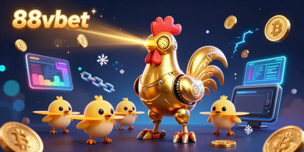 Experience the thrill of 88vbet with a futuristic golden rooster robot shooting lasers surrounded by crypto coins.