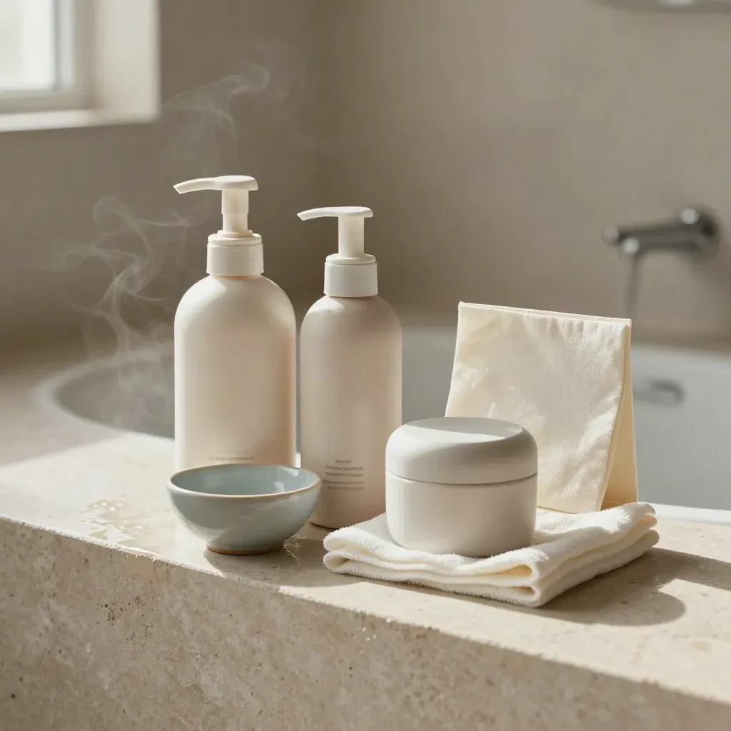 Produits de soin bébé sur une pierre claire avec vapeur douce et lumière matinée.