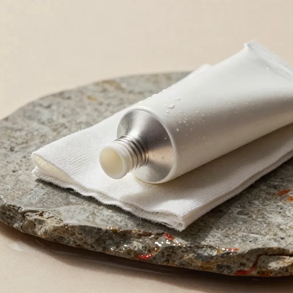 Tube de crème blanche, gaze pliée et pierre mouillée, gros plan tactile en lumière rasante.