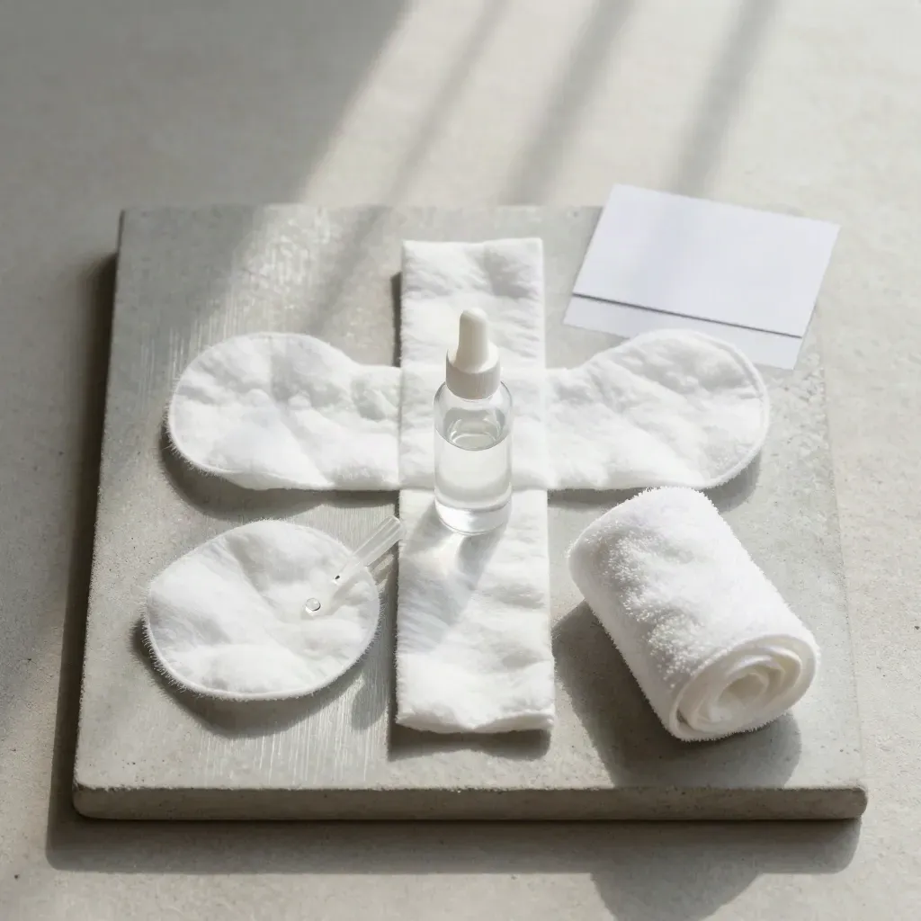 Vue de dessus de dosettes de sérum physiologique, cotons et petit linge blanc sur pierre claire.