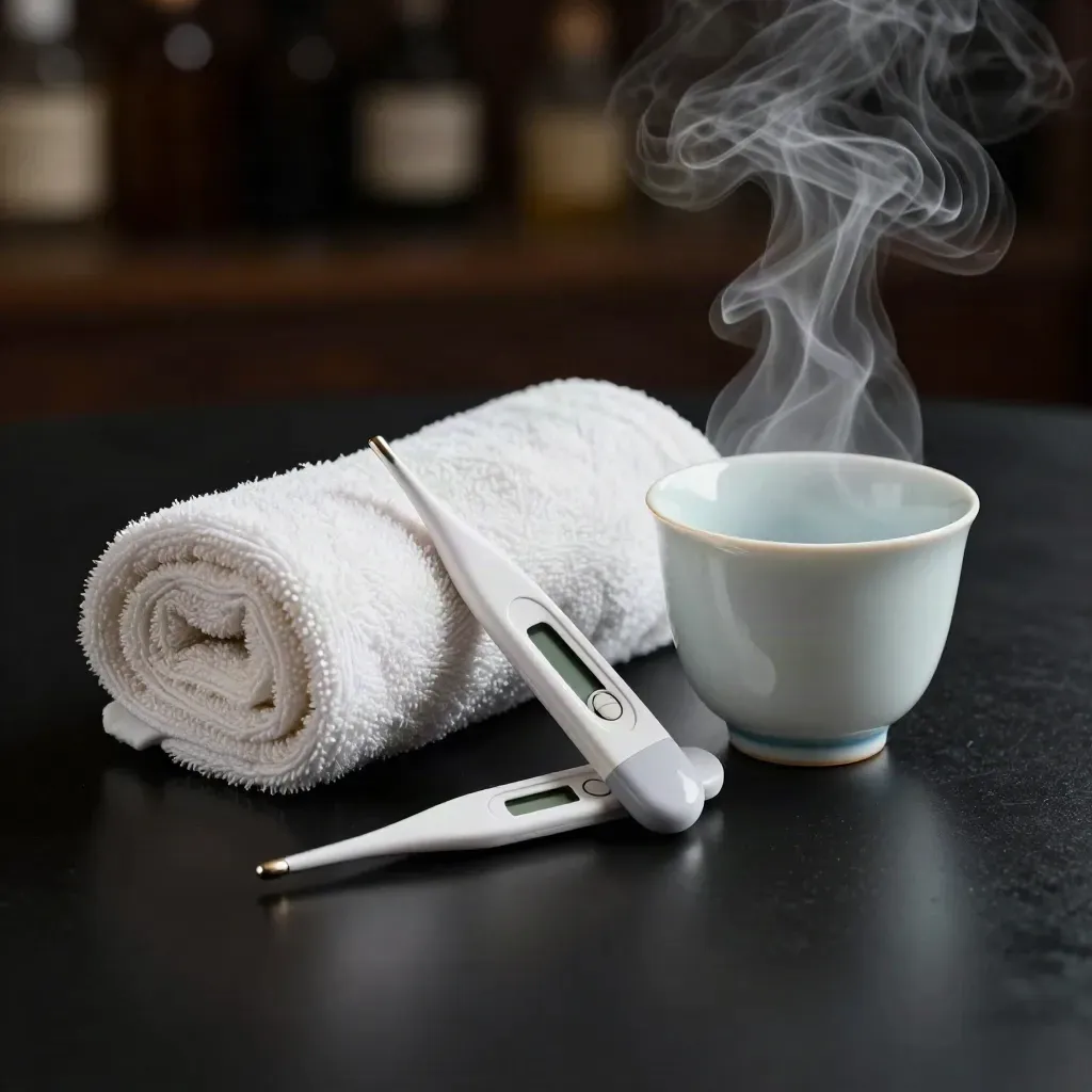 Thermomètre digital près d’une tasse en porcelaine et d’une serviette, vapeur douce.