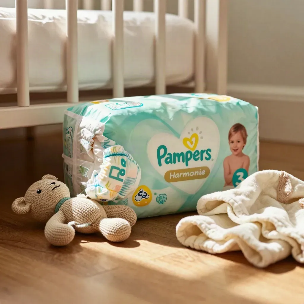 Pack de couches bébé, doudou tricoté et lange mousseline sur bois chaud, lumière douce.