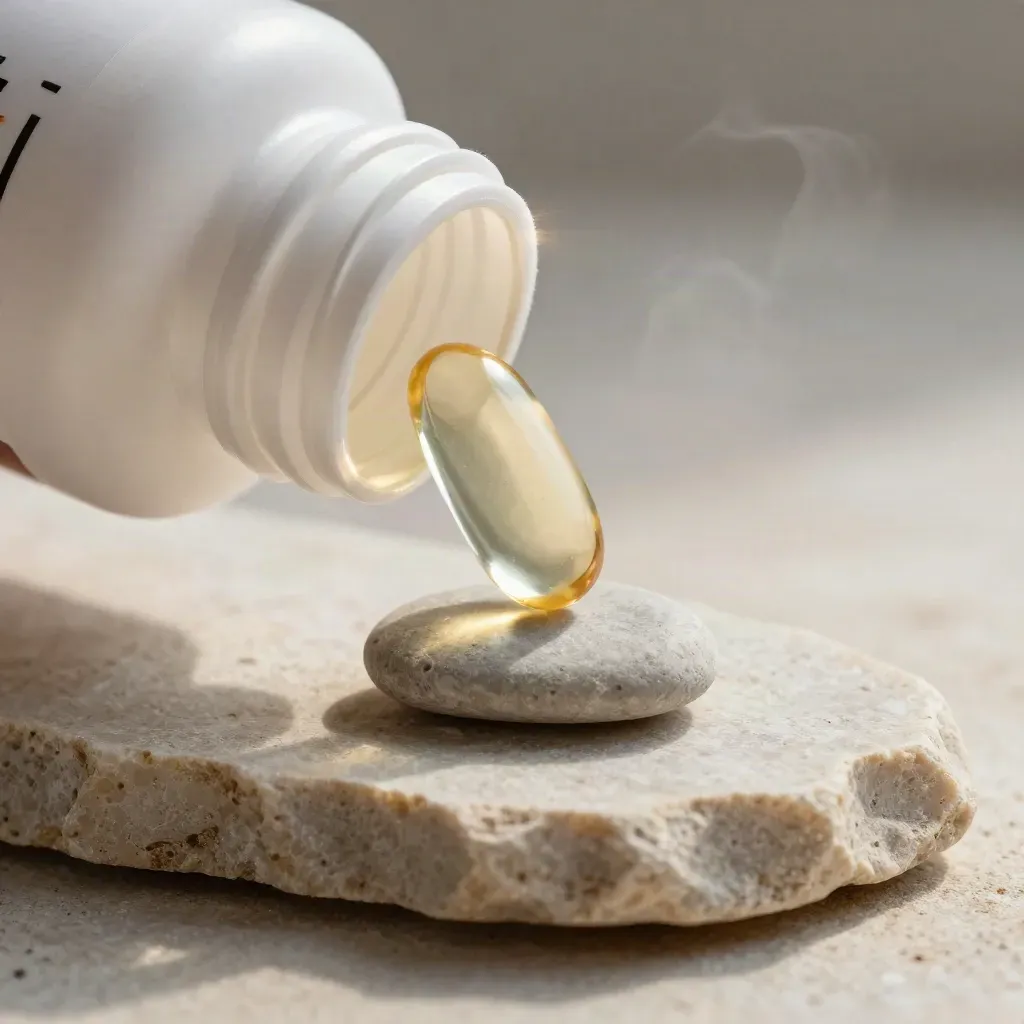 Flacon de vitamine D3 avec capsule et pierre de rivière, lumière chaude sur un socle clair.