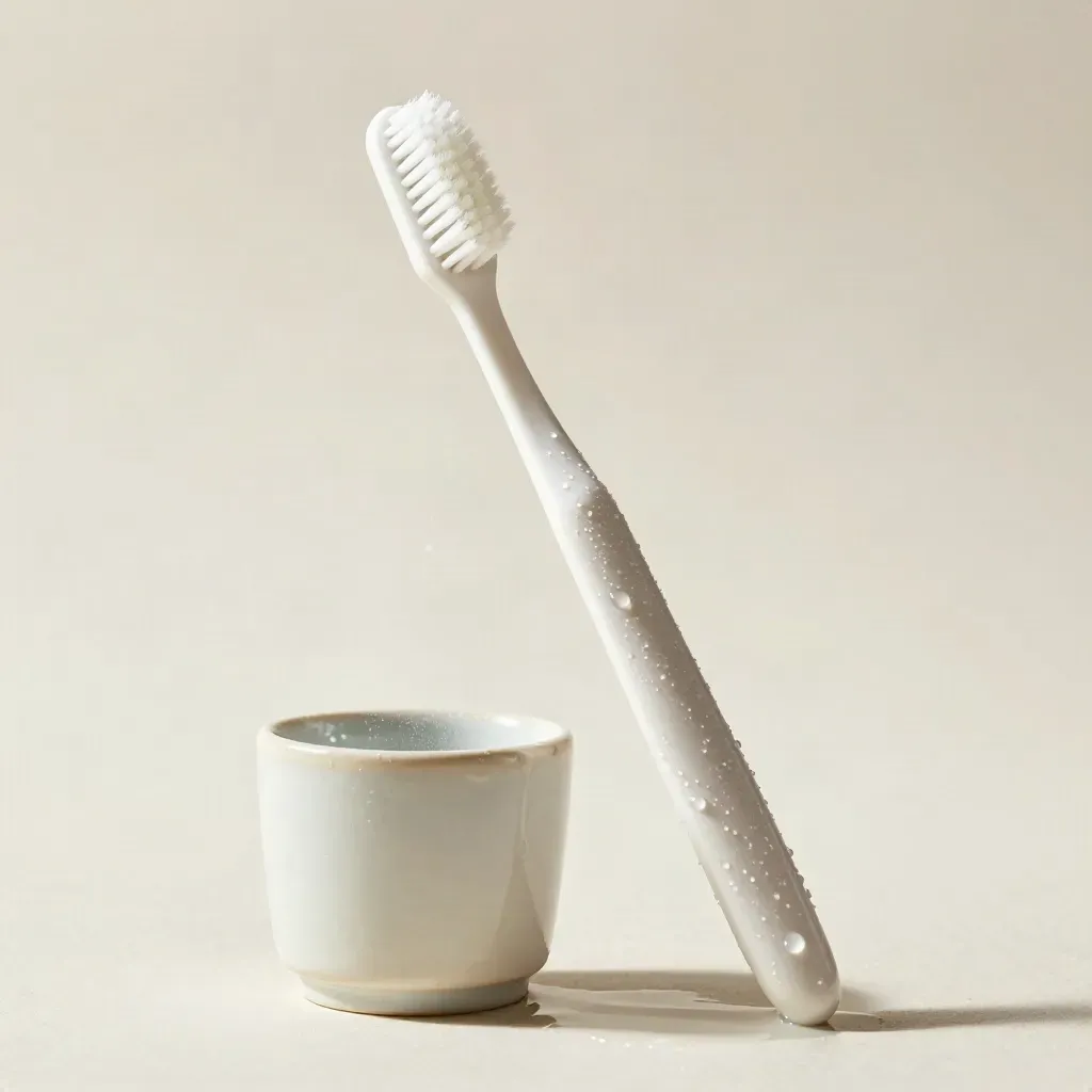 Brosse à dents avec pâte, gouttes d’eau et petit gobelet sur un socle en plâtre.