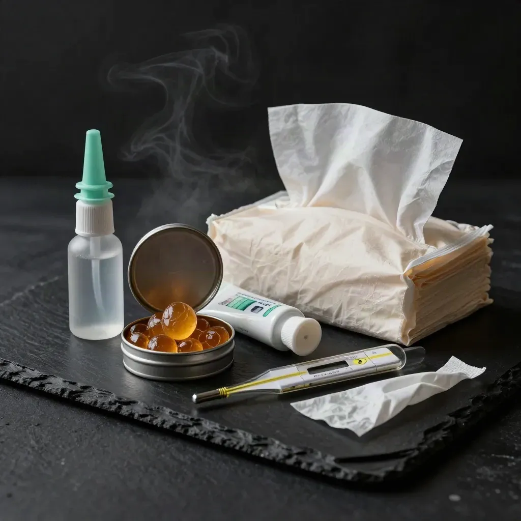 Soins d’hiver: spray nasal, pastilles, crème, mouchoirs et thermomètre sur fond sombre.