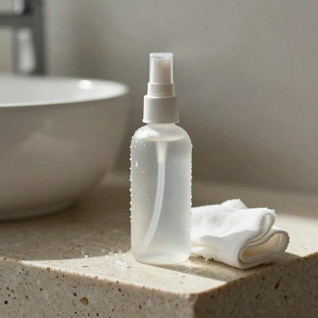 Flacon de spray nasal sur pierre claire avec gaze pliée et brume saline.