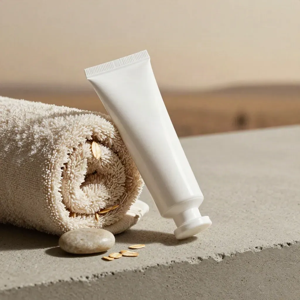 Tube blanc de crème pour les mains, serviette roulée et galets lisses sur béton chaud.