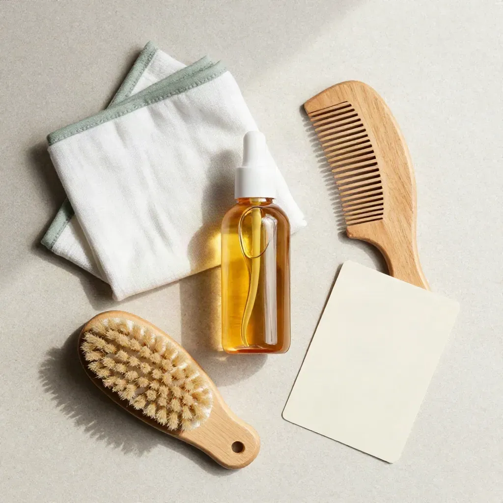 Flacon d’huile de massage bébé, brosse douce, peigne courbé et linge en coton sur pierre claire.