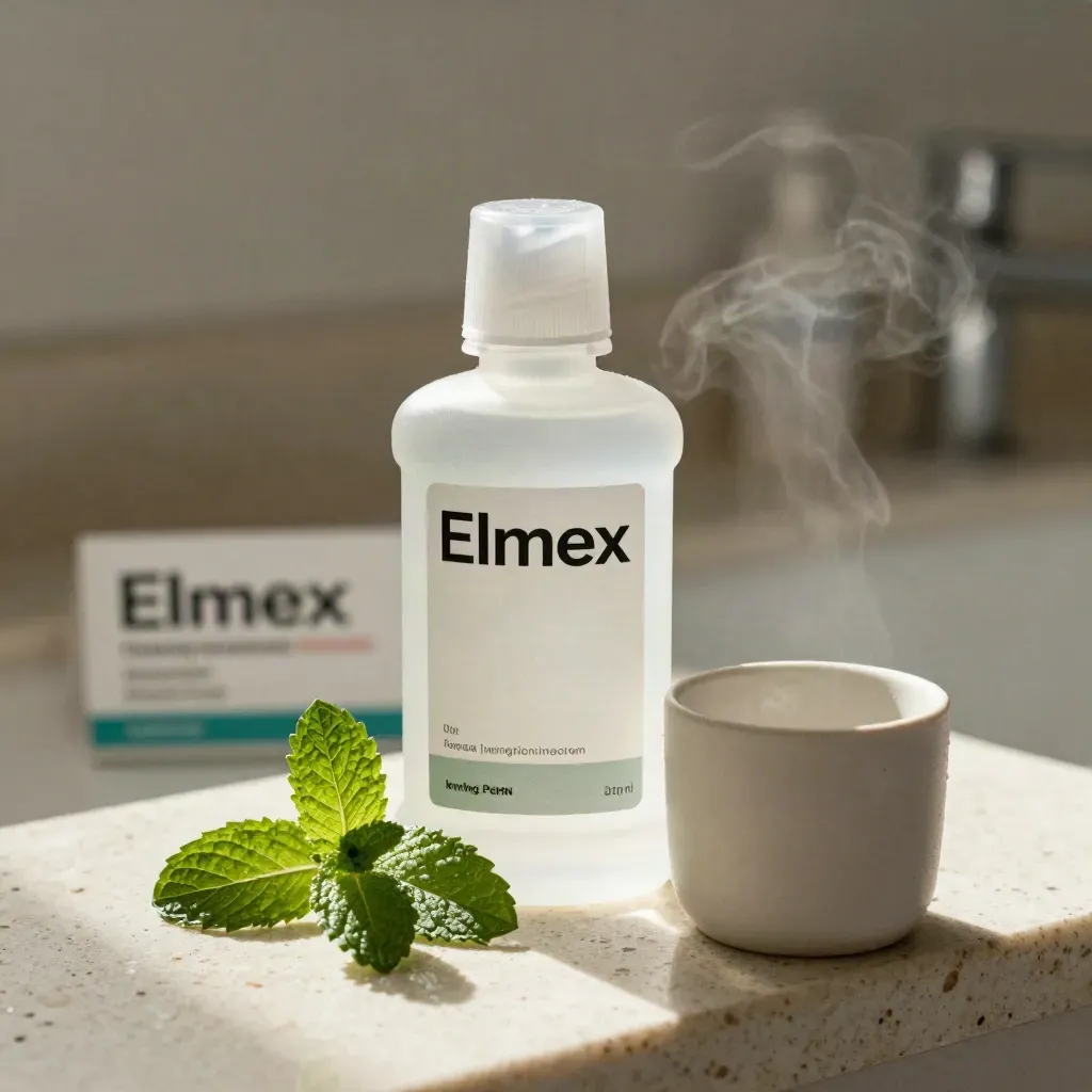 Flacon de bain de bouche avec menthe et tasse en céramique sur ledge clair.