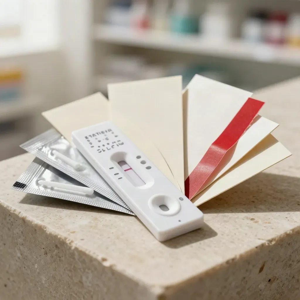 Kit de test antigénique nasal ouvert, cassette et écouvillon sur pierre claire.