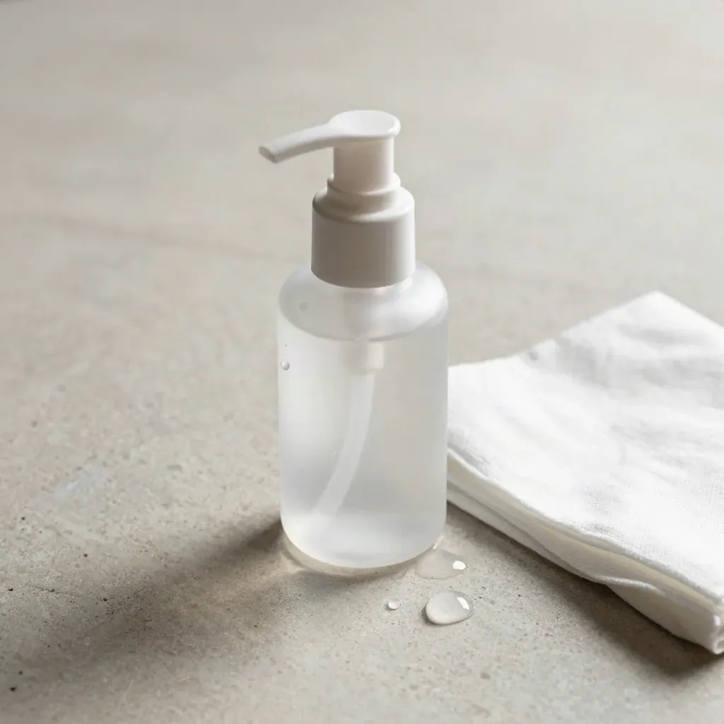 Flacon de gel hydroalcoolique avec gouttes et essuie-tout sur pierre claire.