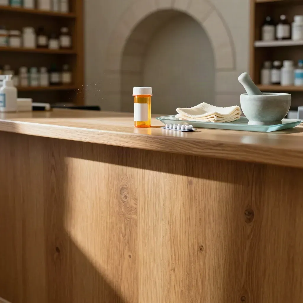 Comptoir d’officine en bois clair avec flacons de médicaments et étagères floues.