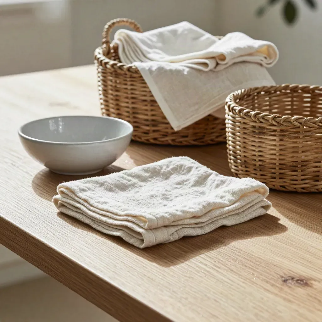 Table de nurserie en bois avec langes, bol en céramique et paniers, lumière douce après la pluie.