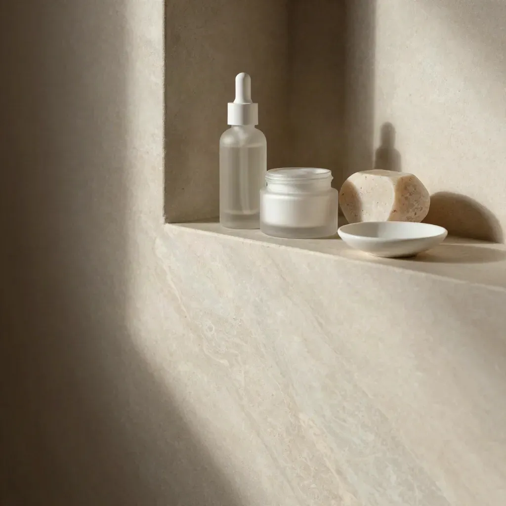Marbre de spa avec flacon dépoli, pot de crème et niche en plâtre, lumière douce.