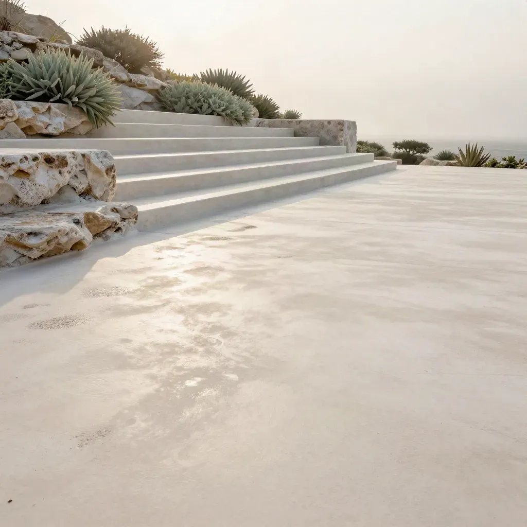 Terrasse blanche en béton avec marches en pierre, végétation pâle et horizon brumeux après la pluie.