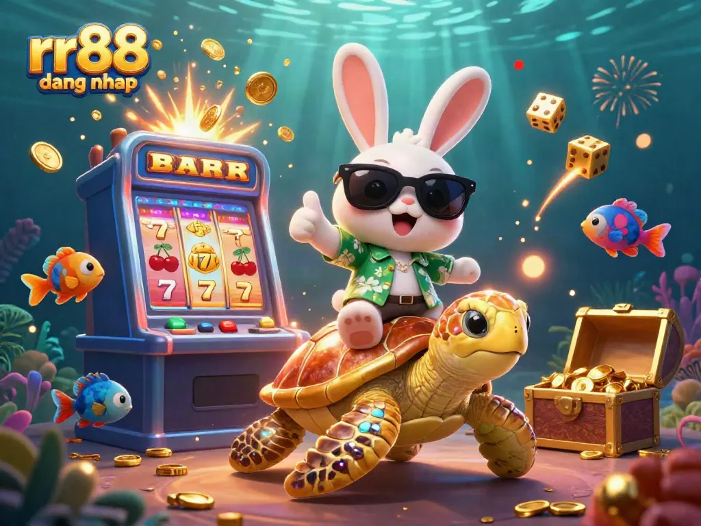 Experience the ultimate thrill with rr88 dang nhap, featuring a cheerful lucky rabbit and golden sea turtle in a vibrant casino scene.