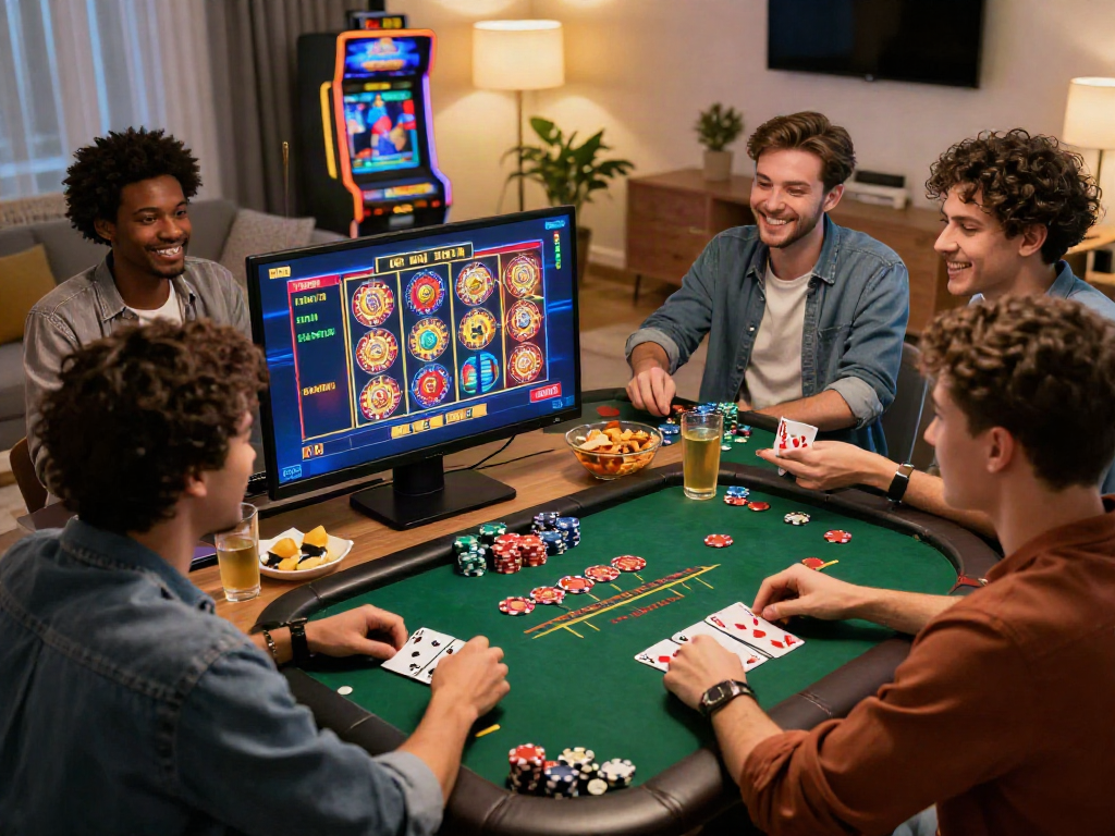Scène de casino français en ligne avec des amis jouant ensemble, ambiance conviviale et moderne.