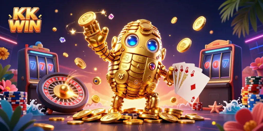 Experience the excitement of KK WIN with vibrant 3D gaming elements, featuring a golden golem, coins, and casino games.