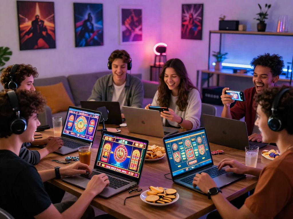 Jeunes adultes jouant aux jeux de casino français en ligne dans un cadre accueillant avec des lumières néon.