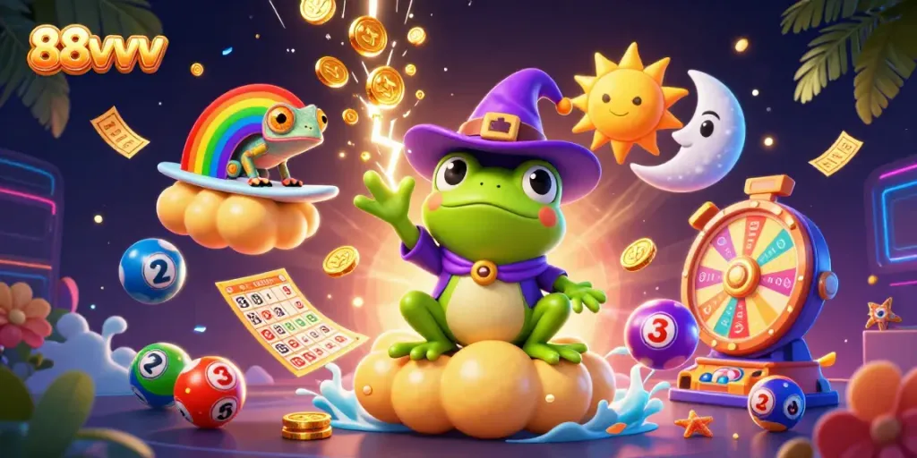 Win big with 88vvv, shown by a storm of coins and vibrant lottery elements swirling around animated characters.