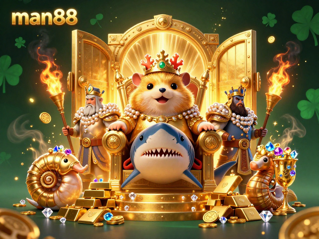 Experience the excitement of winning with man88's golden hamster king surrounded by treasures in this vibrant casino scene.