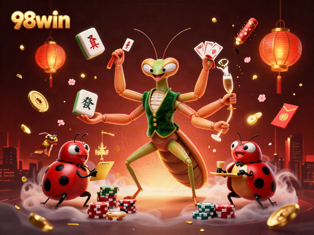 98win vin showcases a dynamic casino scene with a giant mantis card sharp, ladybug pit boss, and vibrant game elements.