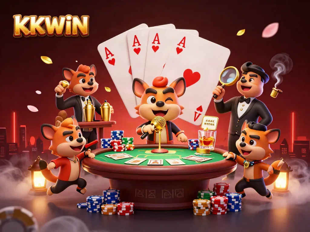 KKWIN's hyenas entertain in a vibrant casino scene with poker elements and lively ambiance.