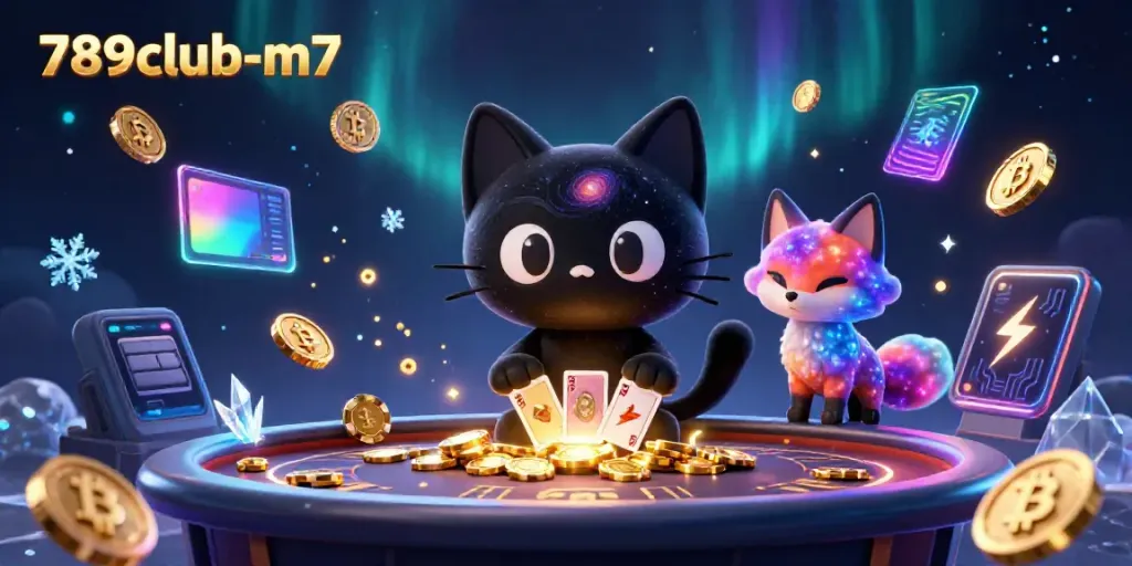 Experience 789club-m7 with a captivating cosmic cat and vibrant fox at a thrilling gaming table.