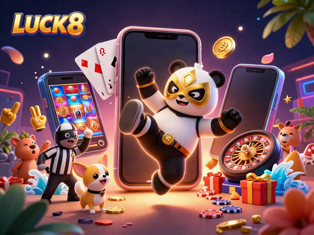 LUCK8 showcases a vibrant casino scene with a panda wrestler, chihuahua referee, and dynamic gaming elements.